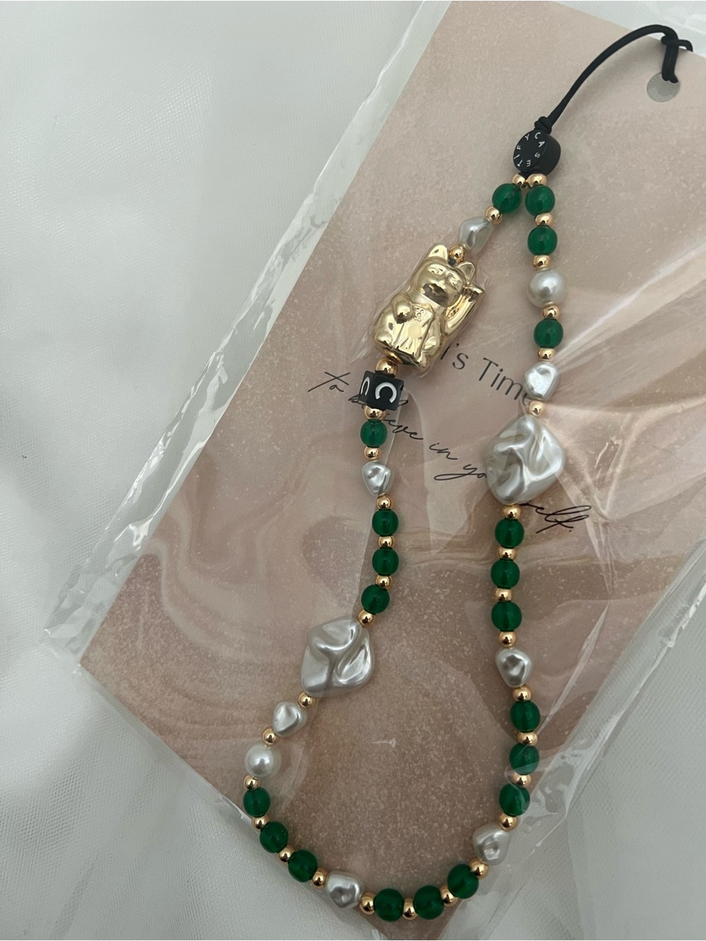 Gold Lucky Cat Necklace with Emerald Green Beads Phone Strap Charm